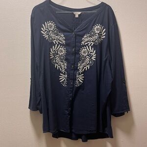 Sonoma Life + Style Boho Easy Wear Button-Up Shirt with Silver Embroidery, Sz 2X